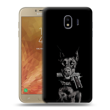Пластиковый чехол на Samsung Galaxy J4 с принтом Доберман и пистолет Пластиковый чехол на Samsung Galaxy J4 с принтом Доберман и пистолет