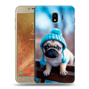 Пластиковый чехол на Samsung Galaxy J4 с принтом Мопс в шапке Пластиковый чехол на Samsung Galaxy J4 с принтом Мопс в шапке