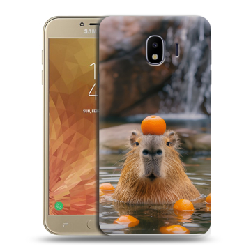 Пластиковый чехол на Samsung Galaxy J4 с принтом Капибара с апельсином Пластиковый чехол на Samsung Galaxy J4 с принтом Капибара с апельсином