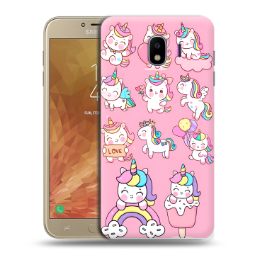 Пластиковый чехол на Samsung Galaxy J4 с принтом Единороги и радуга Пластиковый чехол на Samsung Galaxy J4 с принтом Единороги и радуга