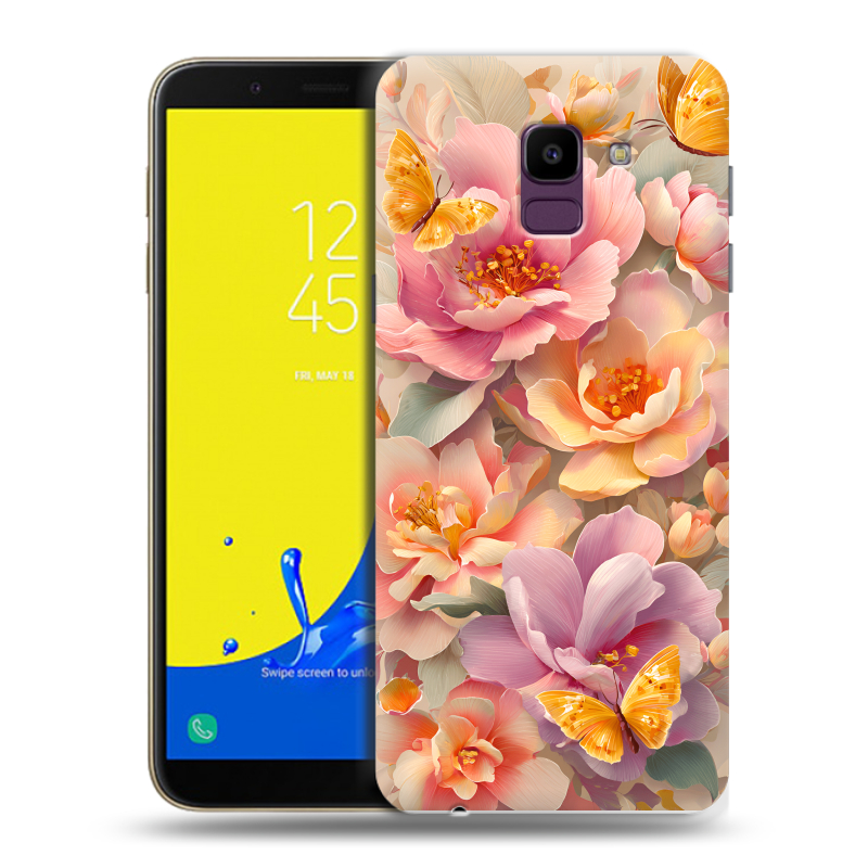 Силиконовый чехол на Samsung Galaxy J6 с принтом Цветы и бабочки Силиконовый чехол на Samsung Galaxy J6 с принтом Цветы и бабочки