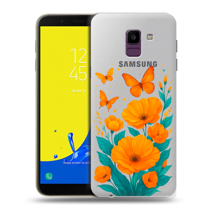 Пластиковый чехол на Samsung Galaxy J6 с принтом цветы бабочки Пластиковый чехол на Samsung Galaxy J6 с принтом цветы бабочки