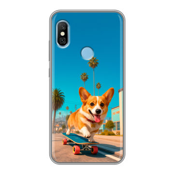Пластиковый чехол на Xiaomi RedMi 6 Pro с принтом Корги на скейте Пластиковый чехол на Xiaomi RedMi 6 Pro с принтом Корги на скейте