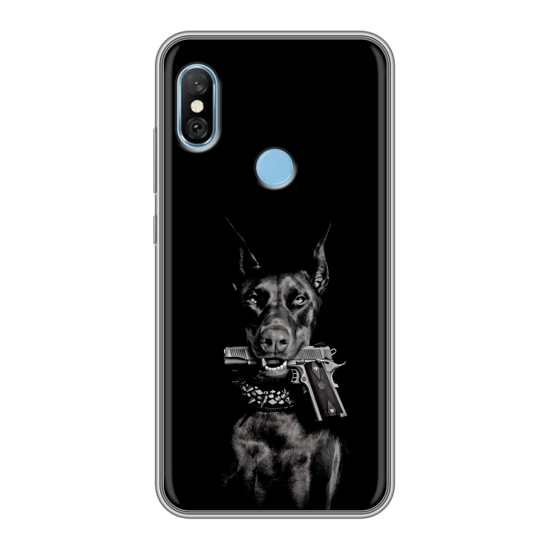 Пластиковый чехол на Xiaomi RedMi 6 Pro с принтом Доберман и пистолет Пластиковый чехол на Xiaomi RedMi 6 Pro с принтом Доберман и пистолет
