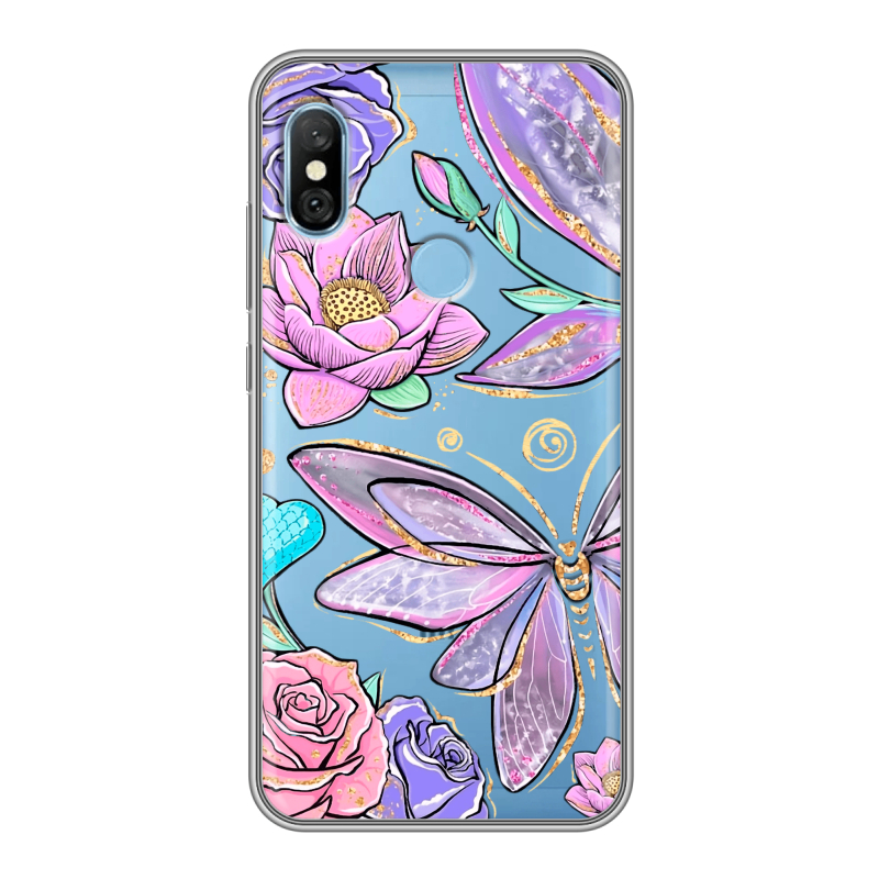 Пластиковый чехол на Xiaomi RedMi 6 Pro с принтом Бабочки и цветы Пластиковый чехол на Xiaomi RedMi 6 Pro с принтом Бабочки и цветы