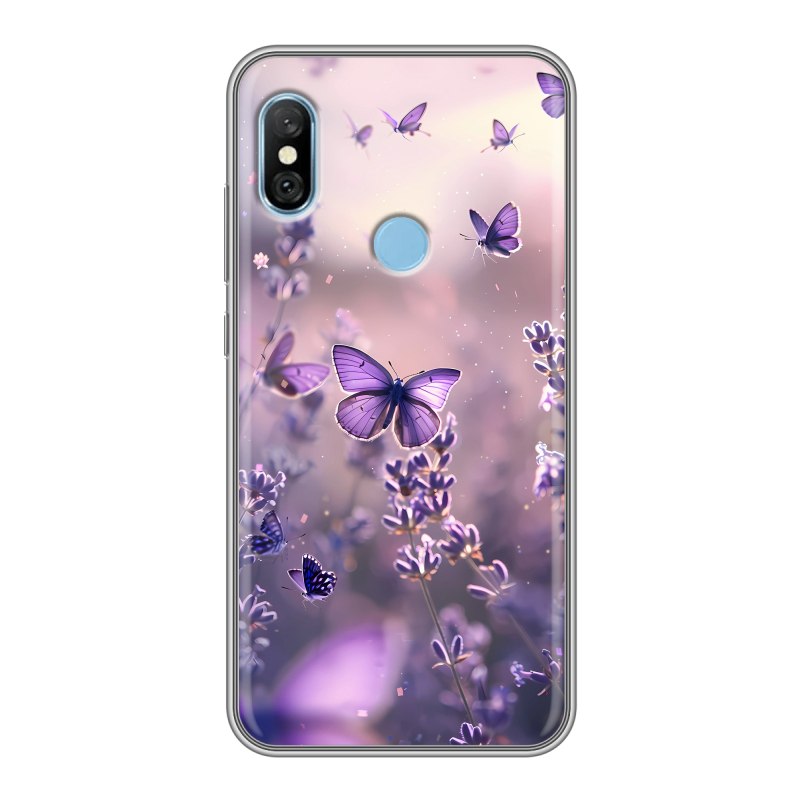 Пластиковый чехол на Xiaomi RedMi 6 Pro с принтом бабочки и лаванда Пластиковый чехол на Xiaomi RedMi 6 Pro с принтом бабочки и лаванда
