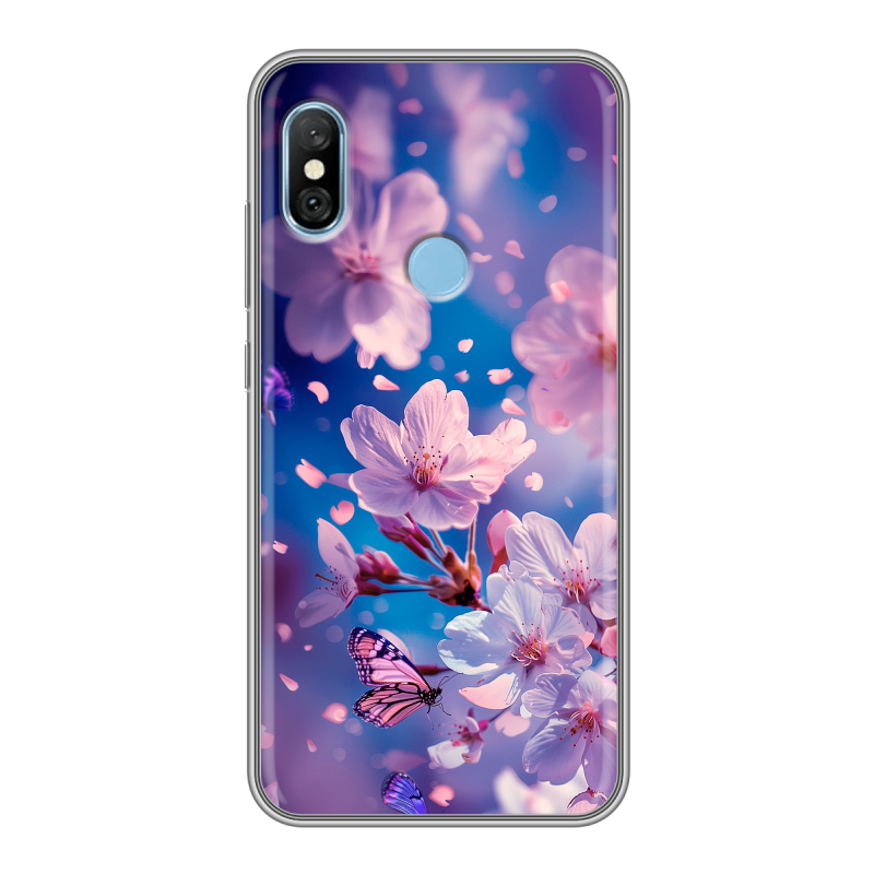 Пластиковый чехол на Xiaomi RedMi 6 Pro с принтом цветы бабочки Пластиковый чехол на Xiaomi RedMi 6 Pro с принтом цветы бабочки