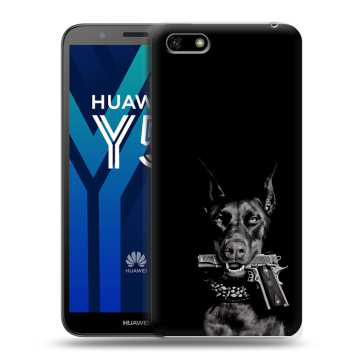 Силиконовый чехол на Huawei Y5 Prime (2018) с принтом Доберман и пистолет