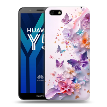 Силиконовый чехол на Huawei Y5 Prime (2018) с принтом цветы бабочки Силиконовый чехол на Huawei Y5 Prime (2018) с принтом цветы бабочки