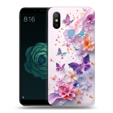 Силиконовый чехол на Xiaomi Mi A2 с принтом цветы бабочки