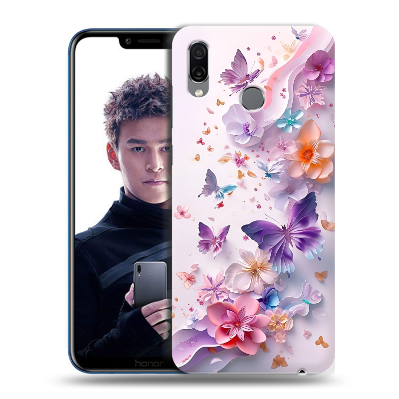 Силиконовый чехол на Huawei Honor Play с принтом цветы бабочки Силиконовый чехол на Huawei Honor Play с принтом цветы бабочки