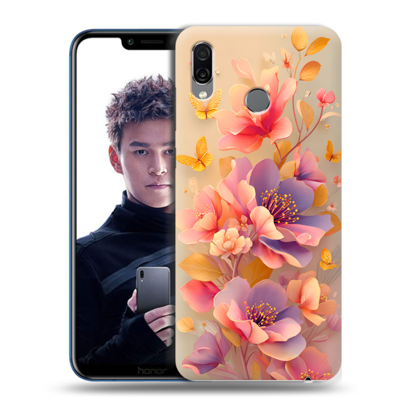Силиконовый чехол на Huawei Honor Play с принтом Цветы и бабочки Силиконовый чехол на Huawei Honor Play с принтом Цветы и бабочки