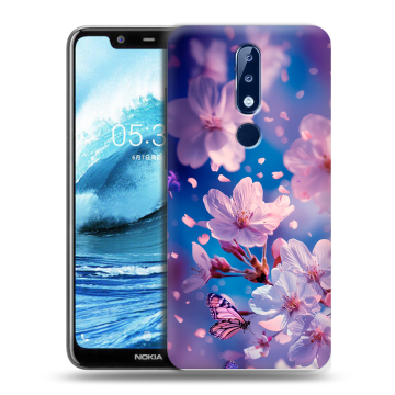 Силиконовый чехол на Nokia 5.1 Plus с принтом цветы бабочки Силиконовый чехол на Nokia 5.1 Plus с принтом цветы бабочки