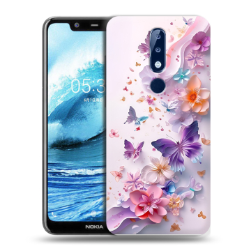 Силиконовый чехол на Nokia 5.1 Plus с принтом цветы бабочки Силиконовый чехол на Nokia 5.1 Plus с принтом цветы бабочки