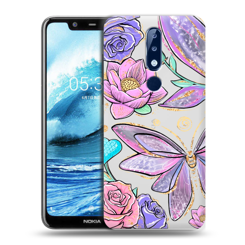 Силиконовый чехол на Nokia 5.1 Plus с принтом Бабочки и цветы Силиконовый чехол на Nokia 5.1 Plus с принтом Бабочки и цветы