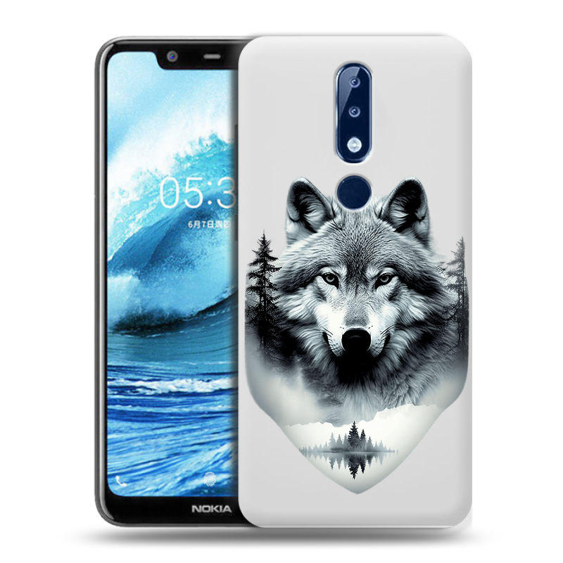 Силиконовый противоударный чехол на Nokia 5.1 Plus с принтом Волк в лесу Силиконовый противоударный чехол на Nokia 5.1 Plus с принтом Волк в лесу