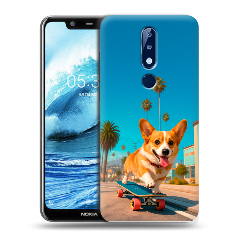 Силиконовый противоударный чехол на Nokia 5.1 Plus с принтом Корги на скейте Силиконовый противоударный чехол на Nokia 5.1 Plus с принтом Корги на скейте