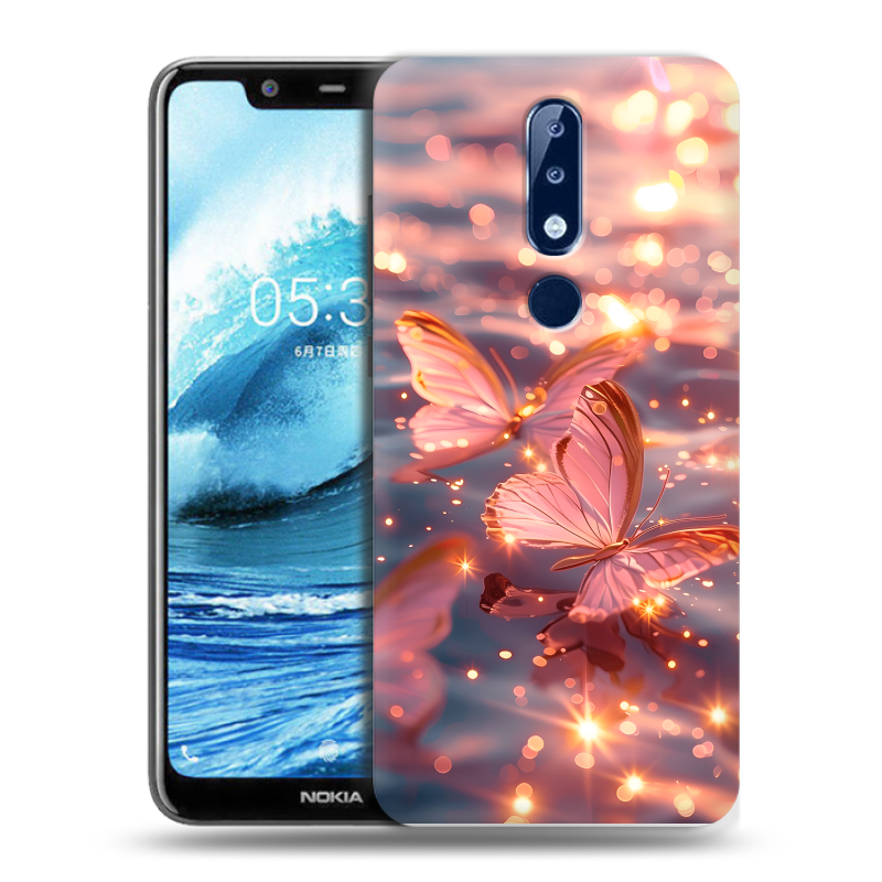 Силиконовый противоударный чехол на Nokia 5.1 Plus с принтом бабочки розовые Силиконовый противоударный чехол на Nokia 5.1 Plus с принтом бабочки розовые