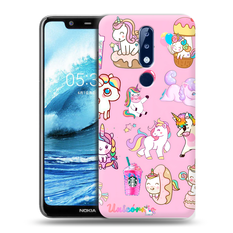 Силиконовый чехол на Nokia 5.1 Plus с принтом розовые единороги Силиконовый чехол на Nokia 5.1 Plus с принтом розовые единороги