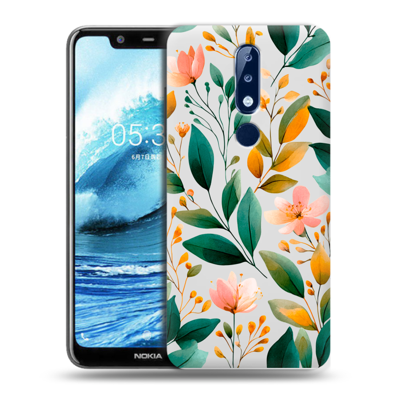 Силиконовый противоударный чехол на Nokia 5.1 Plus с принтом Цветы паттерн Силиконовый противоударный чехол на Nokia 5.1 Plus с принтом Цветы паттерн