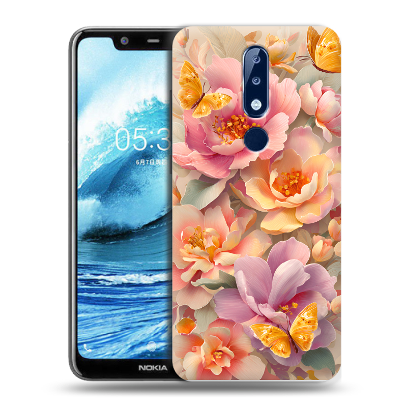 Силиконовый противоударный чехол на Nokia 5.1 Plus с принтом Цветы и бабочки Силиконовый противоударный чехол на Nokia 5.1 Plus с принтом Цветы и бабочки