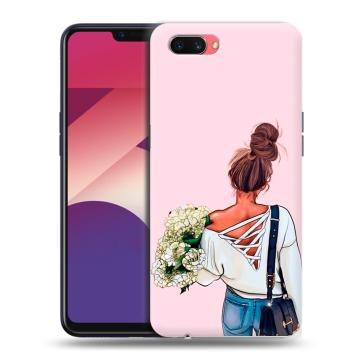 Пластиковый чехол на OPPO A3s с принтом Девушка и букет Пластиковый чехол на OPPO A3s с принтом Девушка и букет