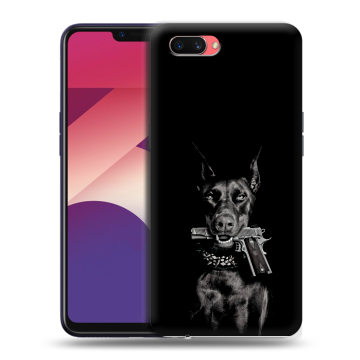 Пластиковый чехол на OPPO A3s с принтом Доберман и пистолет Пластиковый чехол на OPPO A3s с принтом Доберман и пистолет