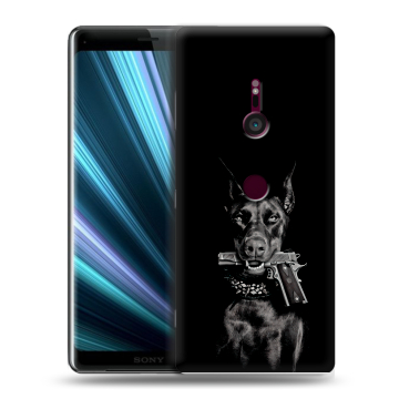 Пластиковый чехол на Sony Xperia XZ3 с принтом Доберман и пистолет Пластиковый чехол на Sony Xperia XZ3 с принтом Доберман и пистолет