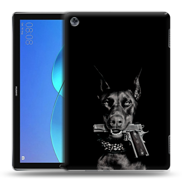 Силиконовый чехол на планшета Huawei MediaPad M5 Lite с принтом Доберман и пистолет Силиконовый чехол на планшета Huawei MediaPad M5 Lite с принтом Доберман и пистолет