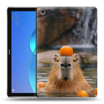 Силиконовый чехол на Huawei MediaPad M5 Lite с принтом Капибара с апельсином