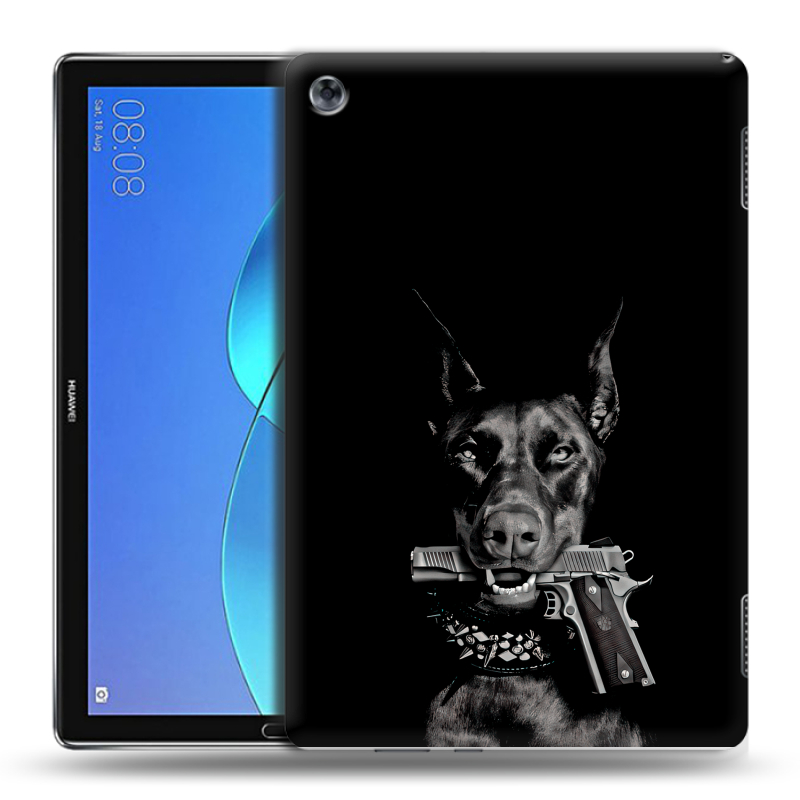 Силиконовый чехол на Huawei MediaPad M5 Lite с принтом Доберман и пистолет Силиконовый чехол на Huawei MediaPad M5 Lite с принтом Доберман и пистолет