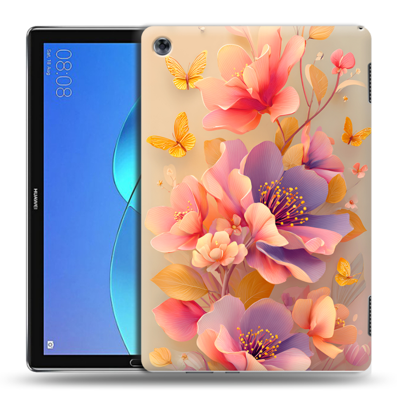 Силиконовый чехол на Huawei MediaPad M5 Lite с принтом Цветы и бабочки Силиконовый чехол на Huawei MediaPad M5 Lite с принтом Цветы и бабочки