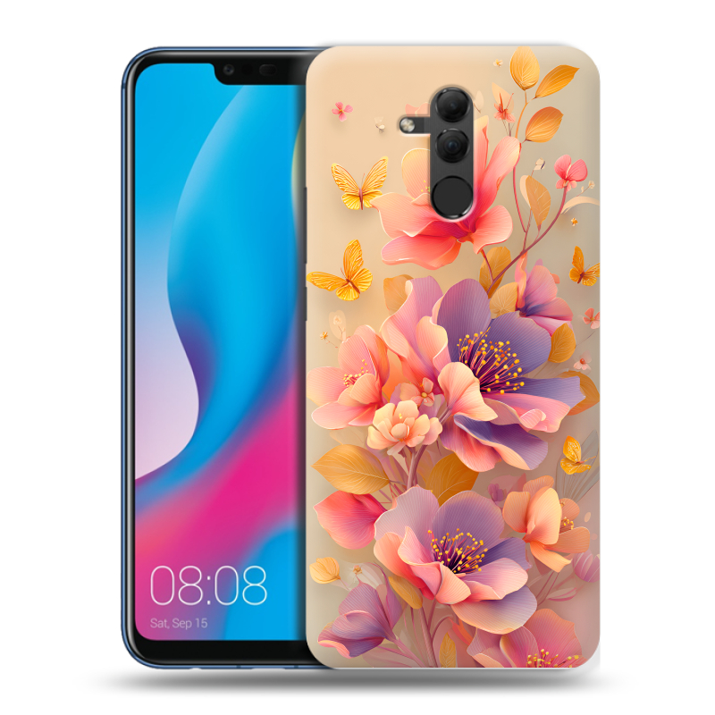 Силиконовый противоударный чехол на Huawei Mate 20 Lite с принтом Цветы и бабочки Силиконовый противоударный чехол на Huawei Mate 20 Lite с принтом Цветы и бабочки