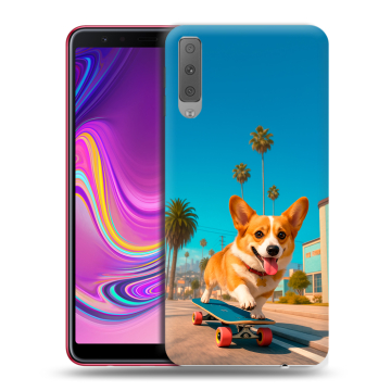Силиконовый противоударный чехол на Samsung Galaxy A7 (2018) с принтом Корги на скейте Силиконовый противоударный чехол на Samsung Galaxy A7 (2018) с принтом Корги на скейте