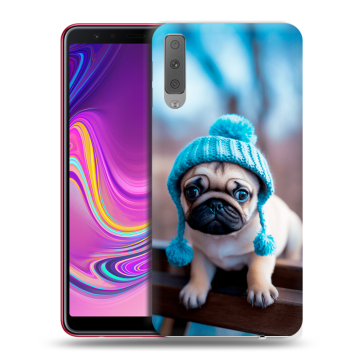 Силиконовый противоударный чехол на Samsung Galaxy A7 (2018) с принтом Мопс в шапке Силиконовый противоударный чехол на Samsung Galaxy A7 (2018) с принтом Мопс в шапке