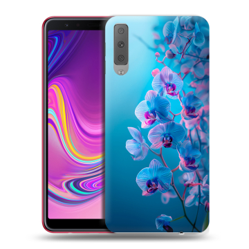 Силиконовый противоударный чехол на Samsung Galaxy A7 (2018) с принтом голубые орхидеи Силиконовый противоударный чехол на Samsung Galaxy A7 (2018) с принтом голубые орхидеи