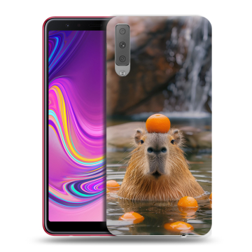 Силиконовый противоударный чехол на Samsung Galaxy A7 (2018) с принтом Капибара с апельсином Силиконовый противоударный чехол на Samsung Galaxy A7 (2018) с принтом Капибара с апельсином