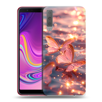 Силиконовый противоударный чехол на Samsung Galaxy A7 (2018) с принтом бабочки розовые Силиконовый противоударный чехол на Samsung Galaxy A7 (2018) с принтом бабочки розовые