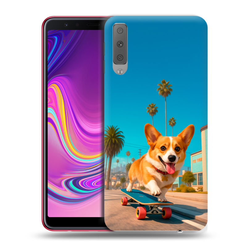 Силиконовый противоударный чехол на Samsung Galaxy A7 (2018) с принтом Корги на скейте Силиконовый противоударный чехол на Samsung Galaxy A7 (2018) с принтом Корги на скейте