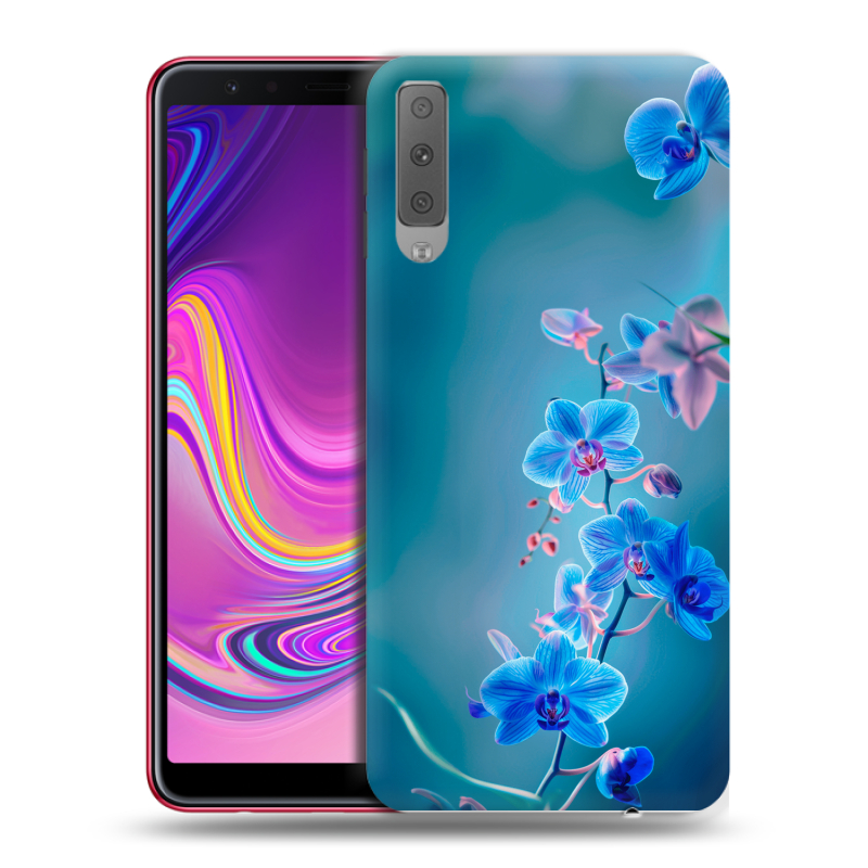Силиконовый противоударный чехол на Samsung Galaxy A7 (2018) с принтом Голубые цветы Силиконовый противоударный чехол на Samsung Galaxy A7 (2018) с принтом Голубые цветы