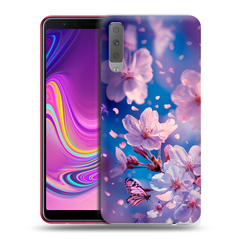 Силиконовый противоударный чехол на Samsung Galaxy A7 (2018) с принтом цветы бабочки Силиконовый противоударный чехол на Samsung Galaxy A7 (2018) с принтом цветы бабочки