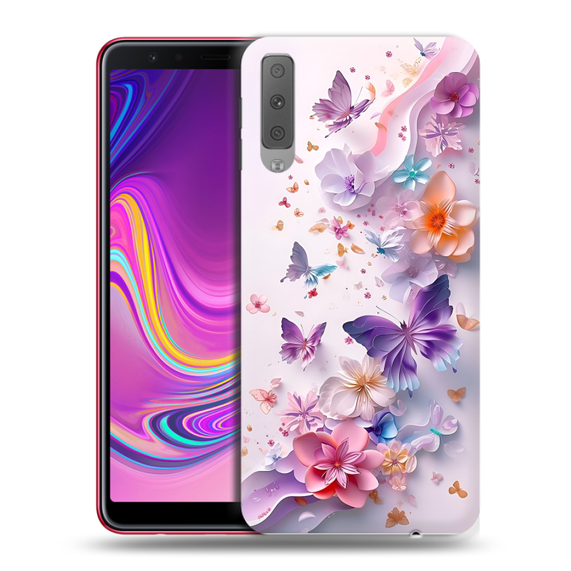 Силиконовый противоударный чехол на Samsung Galaxy A7 (2018) с принтом цветы бабочки Силиконовый противоударный чехол на Samsung Galaxy A7 (2018) с принтом цветы бабочки