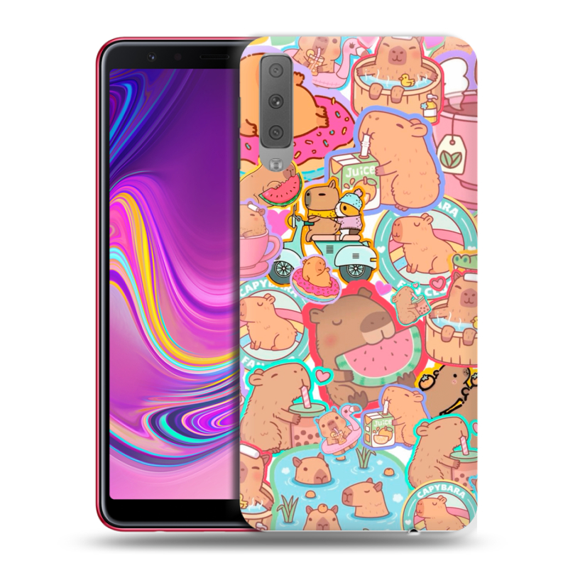 Силиконовый противоударный чехол на Samsung Galaxy A7 (2018) с принтом капибары Силиконовый противоударный чехол на Samsung Galaxy A7 (2018) с принтом капибары
