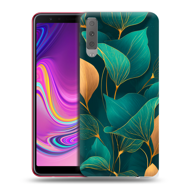 Силиконовый противоударный чехол на Samsung Galaxy A7 (2018) с принтом Листья и золото Силиконовый противоударный чехол на Samsung Galaxy A7 (2018) с принтом Листья и золото