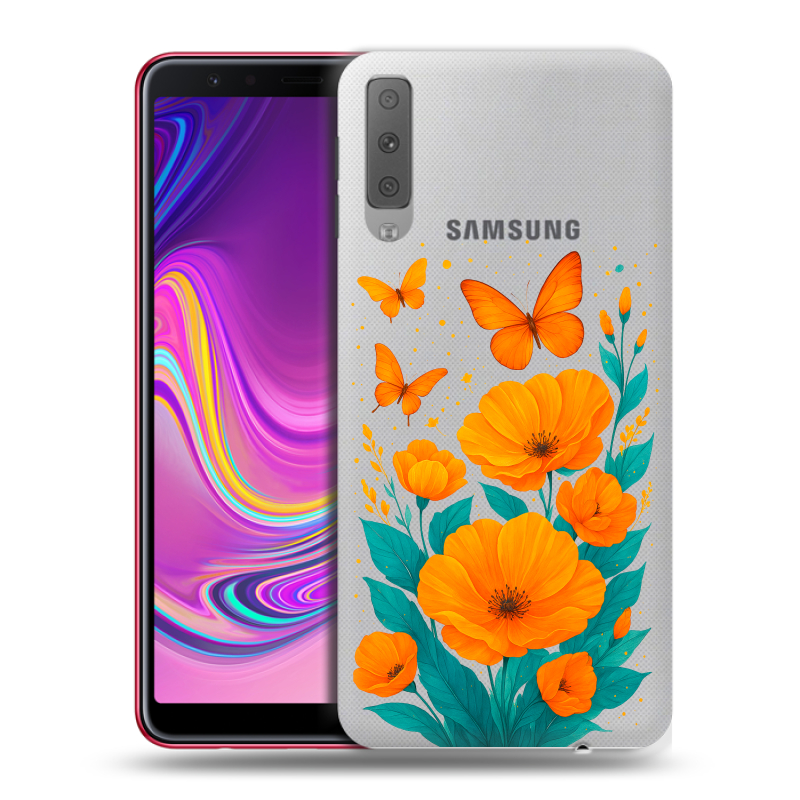 Силиконовый противоударный чехол на Samsung Galaxy A7 (2018) с принтом цветы бабочки Силиконовый противоударный чехол на Samsung Galaxy A7 (2018) с принтом цветы бабочки