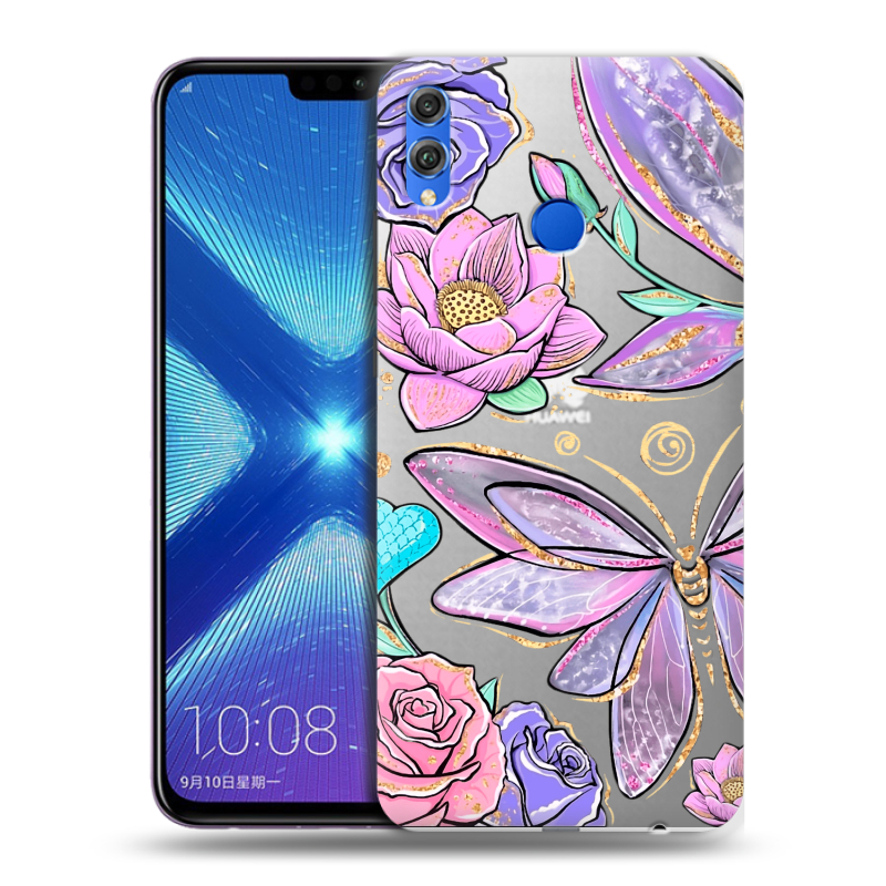 Силиконовый противоударный чехол на Huawei Honor 8X с принтом Бабочки и цветы Силиконовый противоударный чехол на Huawei Honor 8X с принтом Бабочки и цветы