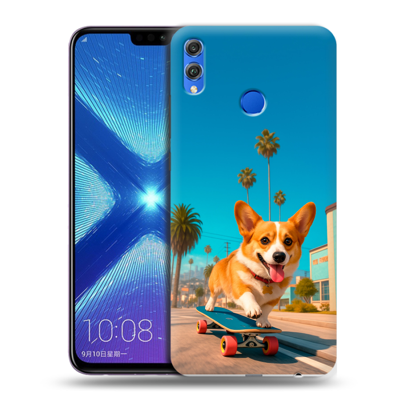 Силиконовый противоударный чехол на Huawei Honor 8X с принтом Корги на скейте Силиконовый противоударный чехол на Huawei Honor 8X с принтом Корги на скейте