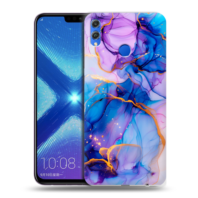 Силиконовый противоударный чехол на Huawei Honor 8X с принтом синий мрамор Силиконовый противоударный чехол на Huawei Honor 8X с принтом синий мрамор