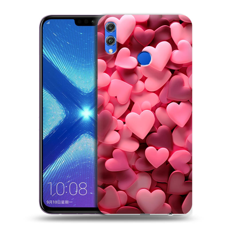 Силиконовый противоударный чехол на Huawei Honor 8X с принтом розовые сердечки Силиконовый противоударный чехол на Huawei Honor 8X с принтом розовые сердечки