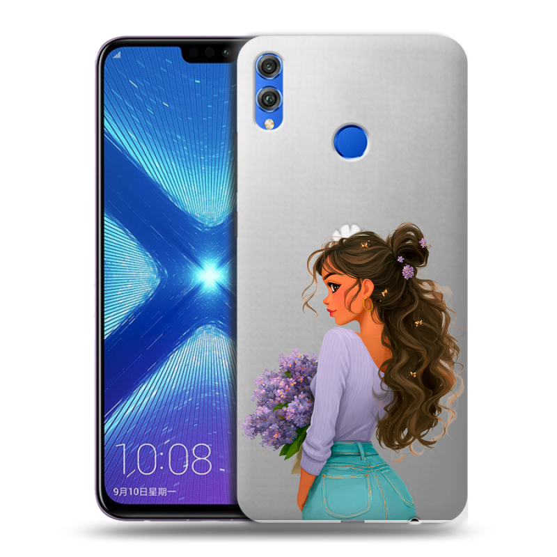 Силиконовый противоударный чехол на Huawei Honor 8X с принтом девушка цветы Силиконовый противоударный чехол на Huawei Honor 8X с принтом девушка цветы